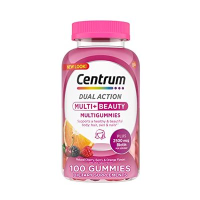 Centrum MultiGummies Multi+ Beauty Dual Action Multivitamin, Specially Designed with Biotin for Healthy Hair, Skin and Nails, Cherry/Berry/Orange Flavors - 100 Count