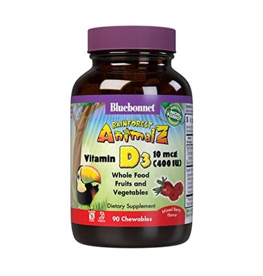 Bluebonnet Nutrition Rainforest Animalz Vitamin D3 400 IU Chewable Tablet, Soy, Dairy &amp; Gluten-Free, Non-GMO, Kosher Certified, Vegetarian Friendly, Natural Mixed Berry Flavor, 90 Count