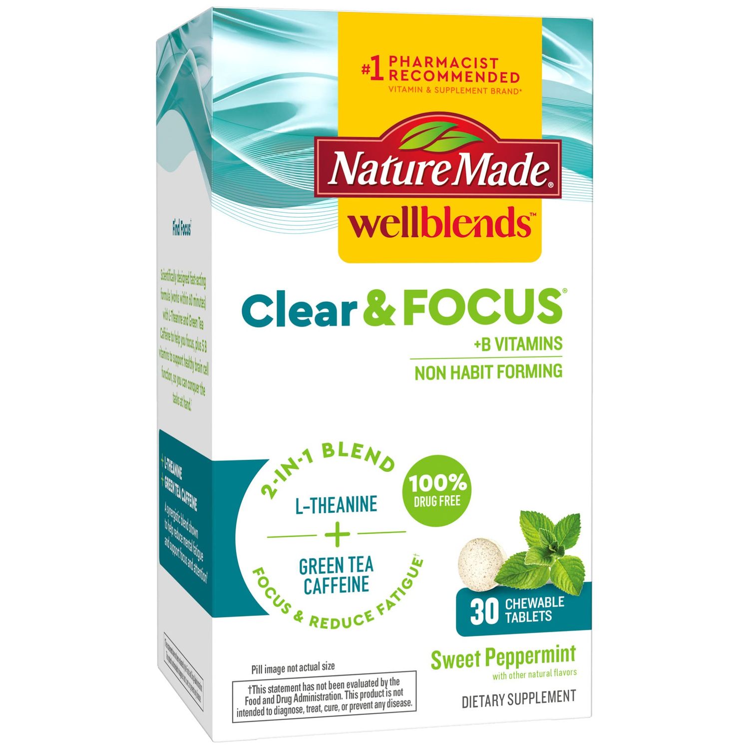 Nature Made Wellblends Clear &amp; Focus, L-theanine, Green Tea Caffeine, 5 B vitamins, Fast-Acting Formula, 30 Chewable Tablets, Peppermint flavor