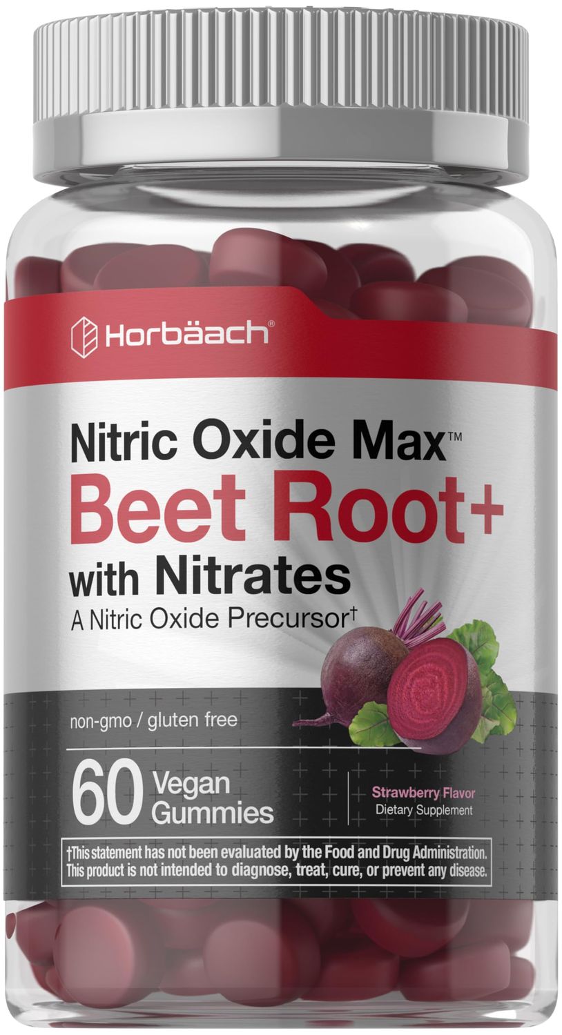 Horbach Nitric Oxide Beet Root Gummies | 60 Count | with Nitrates | Strawberry Flavor | Vegan, Non-GMO, Gluten Free Supplement