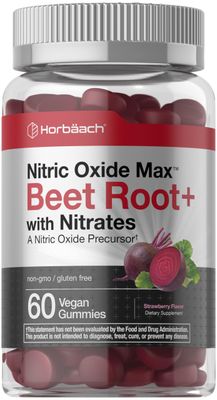Horbach Nitric Oxide Beet Root Gummies | 60 Count | with Nitrates | Strawberry Flavor | Vegan, Non-GMO, Gluten Free Supplement