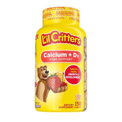 Lil Critters Calcium + D3 Daily Gummy Supplement for Kids, for Bone Support, Orange, Strawberry and Cherry Flavors, 150 Gummies