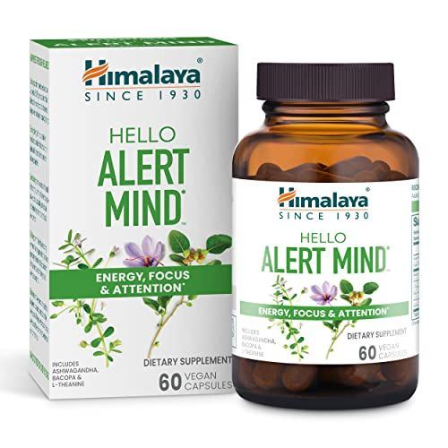 Himalaya Hello Alert Mind with L-Theanine, Ashwagandha, Bacopa, Vitamin B6 &amp; B12, for Energy, Focus &amp; Attention, Vegan, Gluten Free, 60 Capsules