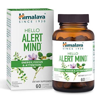 Himalaya Hello Alert Mind with L-Theanine, Ashwagandha, Bacopa, Vitamin B6 &amp; B12, for Energy, Focus &amp; Attention, Vegan, Gluten Free, 60 Capsules