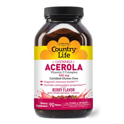 Country Life Acerola Vitamin C Complex, 500mg, Chewable Berry Flavored Wafers, Supports Immune Health, 90 Wafers, Certified Gluten Free by GFCO, Certified Vegan by AVA