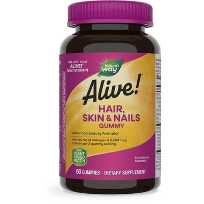 Nature&#39;s Way Alive! Hair, Skin &amp; Nails Gummies, Advanced Beauty Formula*, with Biotin and Collagen, Strawberry Flavored, 60 Gummies (Packaging May Vary)