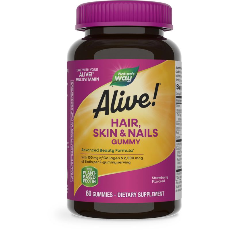 Nature&#39;s Way Alive! Hair, Skin &amp; Nails Gummies, Advanced Beauty Formula*, with Biotin and Collagen, Strawberry Flavored, 60 Gummies (Packaging May Vary)