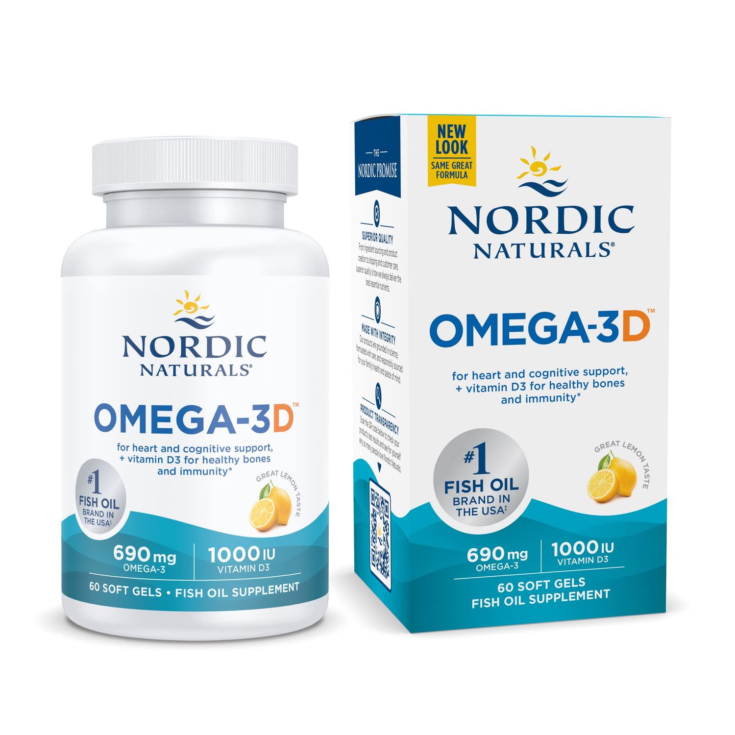 Nordic Naturals Omega-3D, Lemon Flavor - 60 Soft Gels - 690 mg Omega-3 + 1000 IU Vitamin D3 - Fish Oil - EPA &amp; DHA - Immune Support, Brain &amp; Heart Health, Healthy Bones - Non-GMO - 30