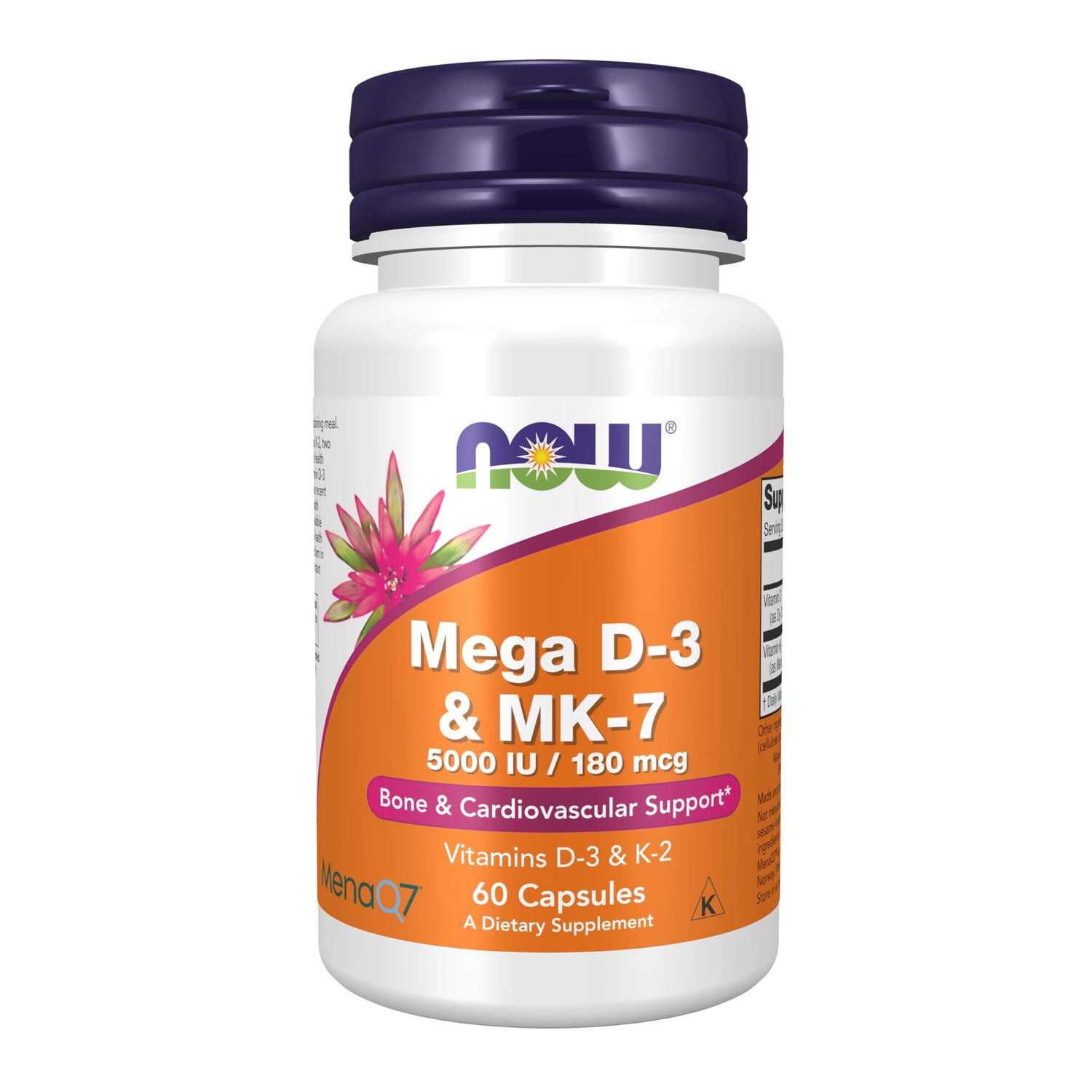 NOW Foods Supplements, Mega D-3 &amp; MK-7 with Vitamins D-3 &amp; K-2, 5,000 IU/180 mcg, Bone &amp; Cardiovascular Support*, 60 Veg Capsules