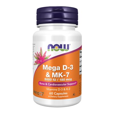 NOW Foods Supplements, Mega D-3 &amp; MK-7 with Vitamins D-3 &amp; K-2, 5,000 IU/180 mcg, Bone &amp; Cardiovascular Support*, 60 Veg Capsules