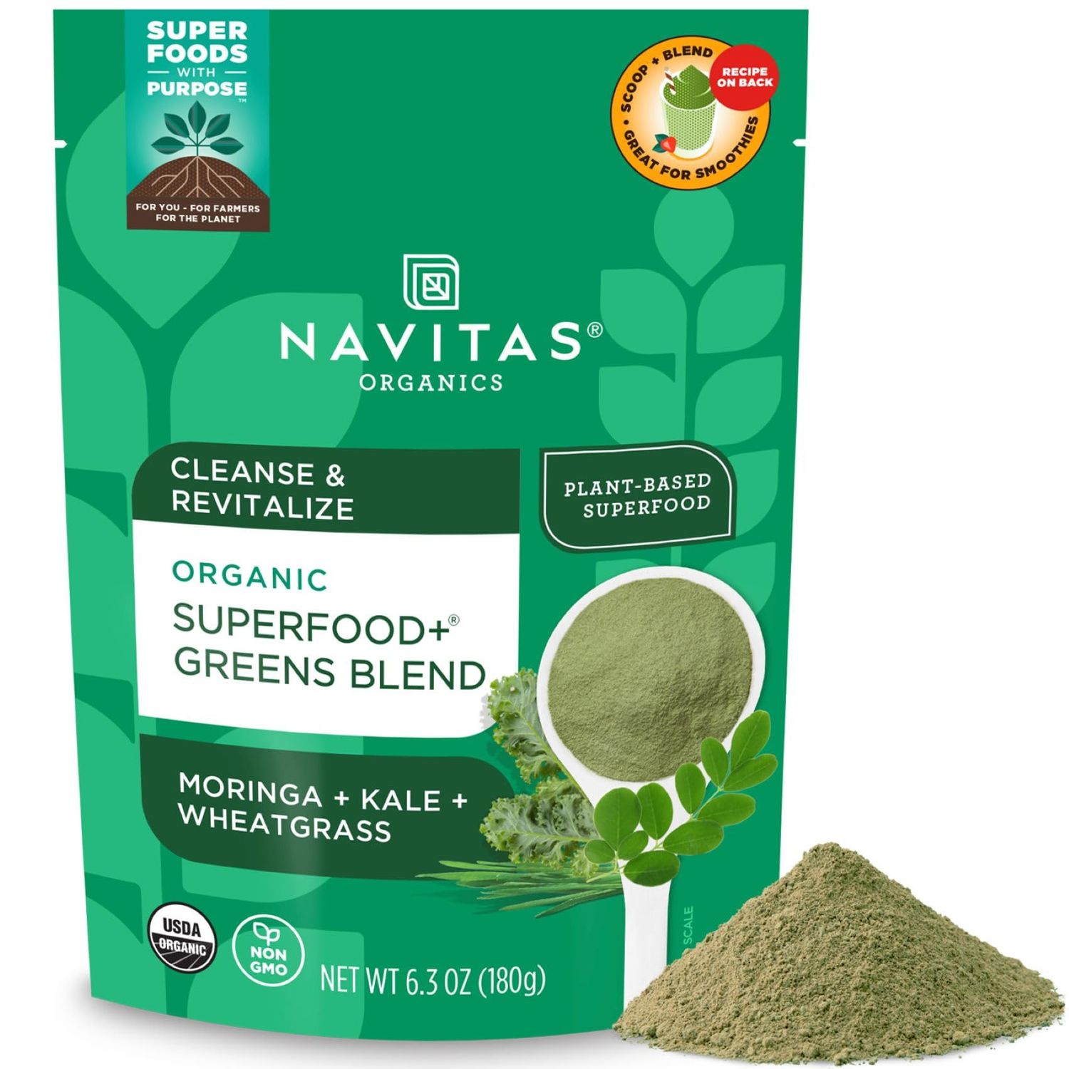 Navitas Organics Superfood+ Greens Blend for Detox Support (Moringa + Kale + Wheatgrass), 6.3oz Bag, 30 Servings - Organic, Non-GMO, Vegan, Gluten-Free, Keto &amp; Paleo.