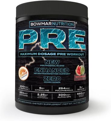 BOWMAR NUTRITION Pre Workout with Stimulants, Pre Workout Powder, Pump Supplement Great for Men and Women (40/20 Servings, Watermelon)