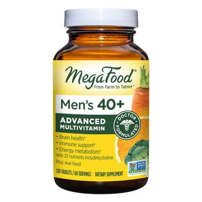 MegaFood Men's 40+ Advanced Multivitamin for Men - Dr-Formulated - Choline, Vitamin B, Vitamin C, Vitamin D, Zinc &amp; Real Food - Brain Health, Immune Support - Vegetarian - 120 Tabs (60 Servings)