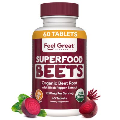 Feel Great Vitamins Organic Beet Root Powder Supplements (Tablets) | Beets Nitric Oxide Supplement | Red Beet Powder Support Healthy Circulation with Natural Nitrates for Natural Energy*