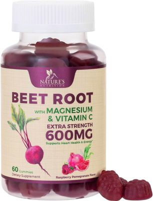 Beet Root Supplement Gummies with Vitamic C &amp; Magnesium - Energy Heart Health Support, Supports Nitric Oxide Production - Gluten Free, Non-GMO Beets Root Gummy - Pomegranate Berry Flavor - 60 Gummies