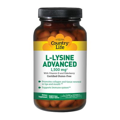 Country Life L-Lysine 1500mg Capsules with Vitamin D & Elderberry - Advanced Immune Support and Collagen Renewal - Certified Gluten-Free & Vegan - 180 Capsules