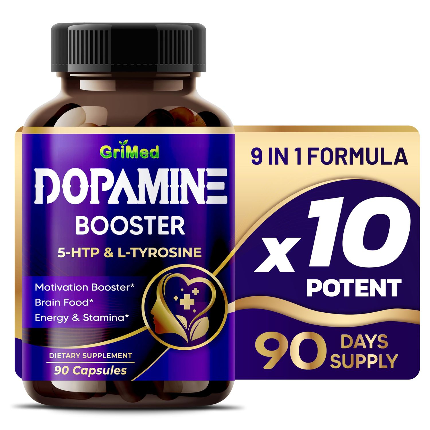 GriMed 5-HTP L-Tyrosine with Magnesium + L-Theanine - 14,285mg Energy, Stamina, Motivation Booster - USA Made &amp; Tested (90 Count (Pack of 1))