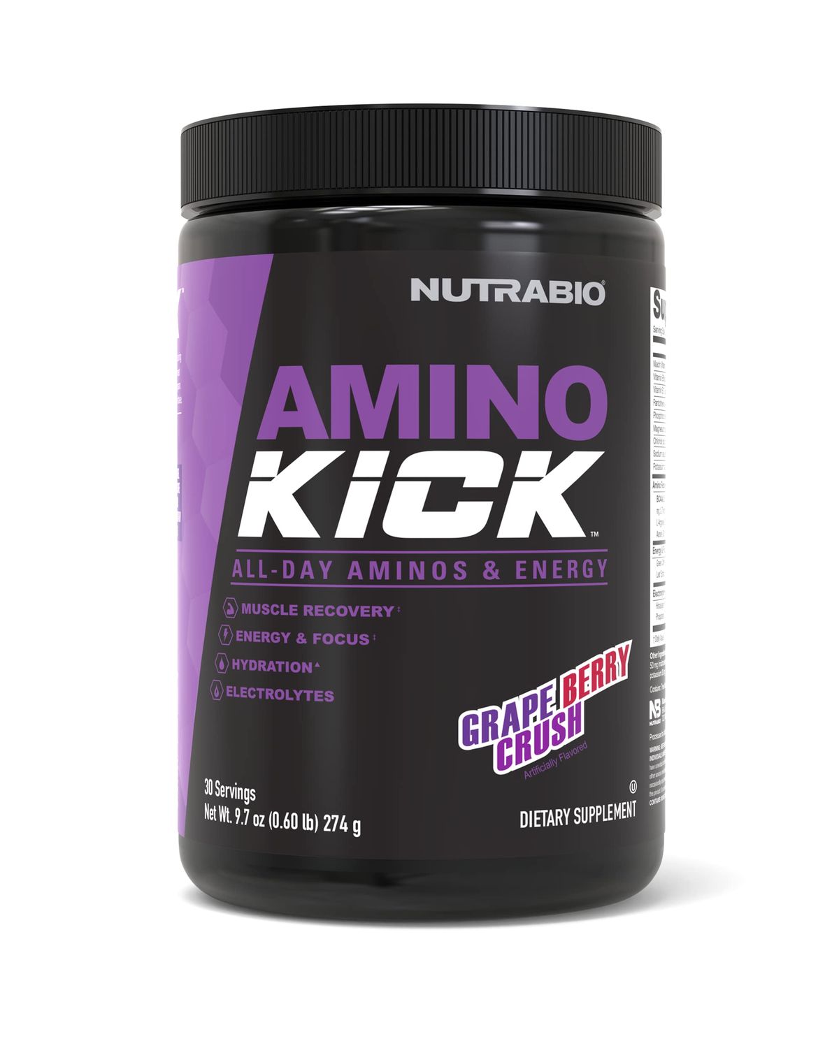 NutraBio Amino Kick - Amino Acid Energy Formula - BCAA&#39;s, Electrolytes for Hydration, Natural Caffeine- 30 Servings (Grape Berry Crush)