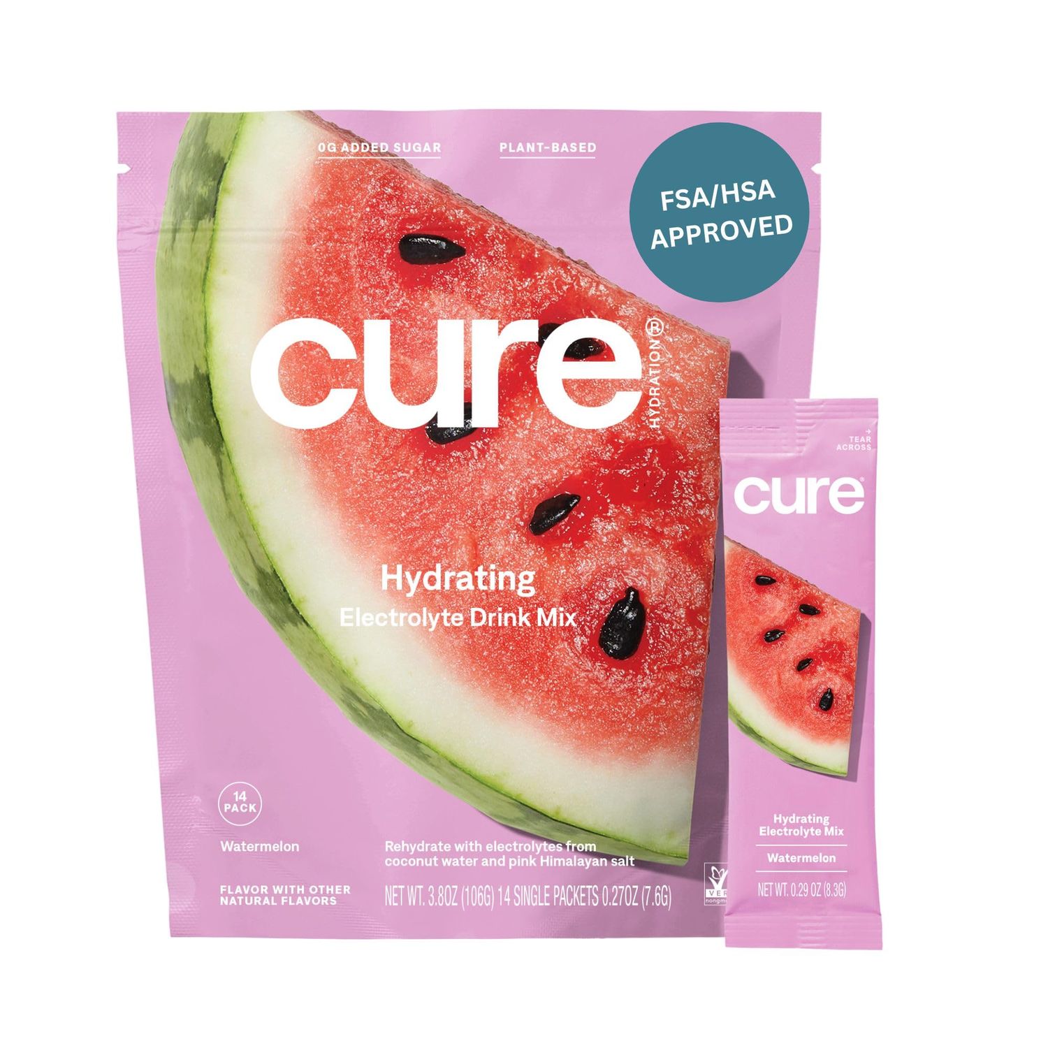 Cure Hydration | Plant-Based Electrolyte Drink Mix | No Added Sugar | FSA &amp; HSA | Dehydration Relief Powder Made with Coconut Water | Non-GMO | Vegan | Pouch of 14 Packets - Waternelon