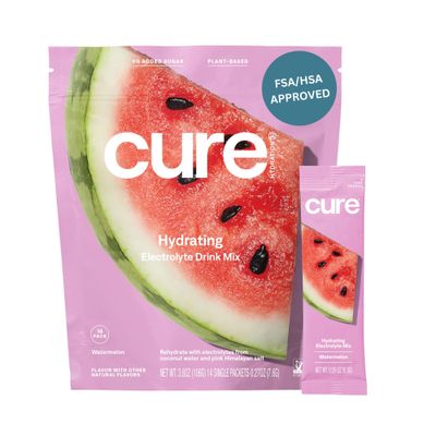 Cure Hydration | Plant-Based Electrolyte Drink Mix | No Added Sugar | FSA &amp; HSA | Dehydration Relief Powder Made with Coconut Water | Non-GMO | Vegan | Pouch of 14 Packets - Waternelon