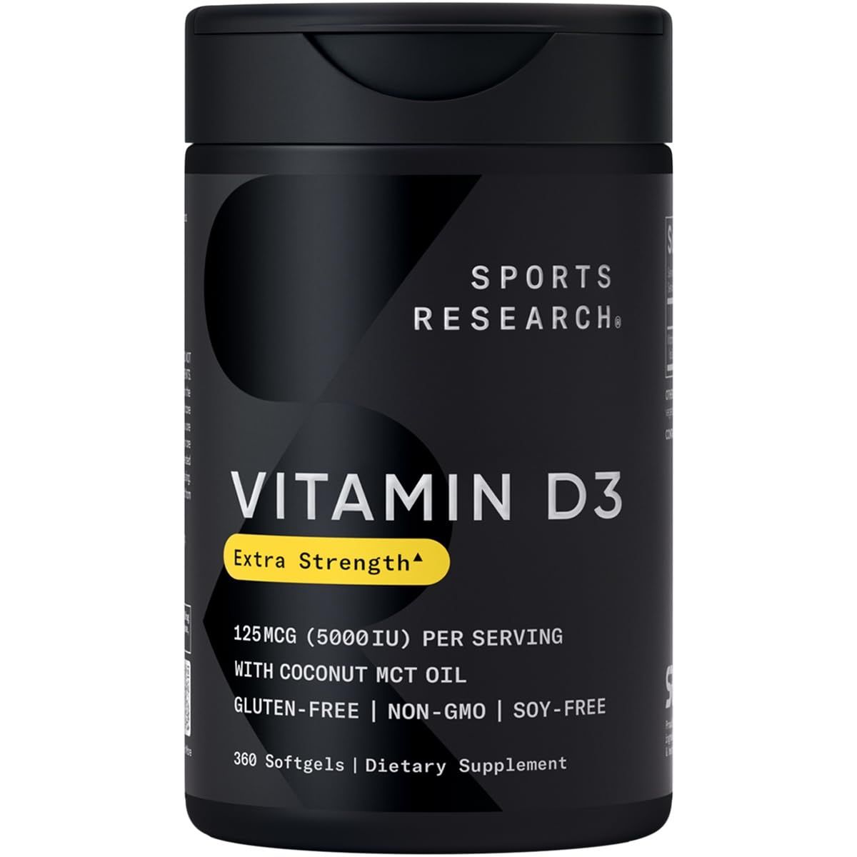 Sports Research Vitamin D3 5000 IU with Coconut MCT Oil - High Potency Vitamin D Supplement for Immune &amp; Bone Support - Non-GMO Verified, Gluten &amp; Soy Free - 125mcg, 360 Liquid Softgels