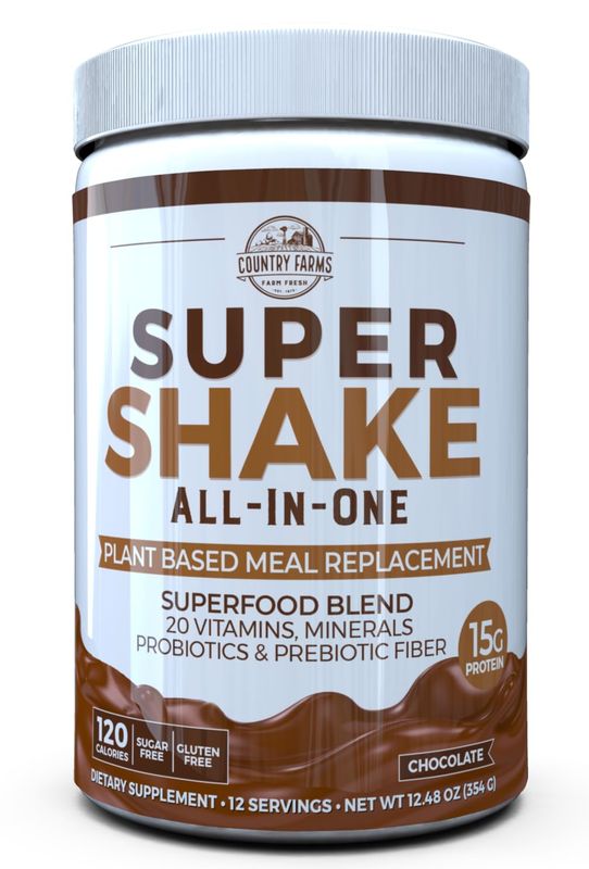 Country Farms All-in-One Super Shake Meal Replacement 15g Plant Protein Dietary Supplement with Superfoods, Vitamins, Probiotics and Prebiotics, 12 Servings, Chocolate, 12.48 Oz