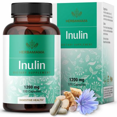 HERBAMAMA Inulin Capsules - 1200 mg Chicory Root Inulin Prebiotic Fiber Supplement - Inulin Powder for Gut Health &amp; Digestive Support - Vegan, Non-GMO - 100 Caps