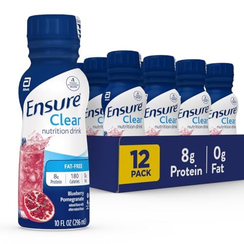 Ensure Liquid Clear Nutrition Drink, 0g fat, 8g of protein, Blueberry Pomegranate, 10 Fl Oz (Pack of 12), Bottle, gluten free