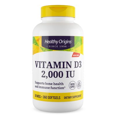 Healthy Origins Vitamin D3 (Lanolin) 2,000 IU - Bone Health and Immune Support Supplement - Easily Absorbable Vitamin D Supplements - Gluten-Free Vitamin D3 Supplement - 360 Softgels