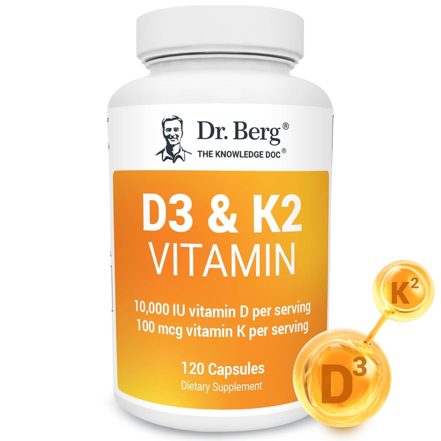 Dr. Berg Vitamin D3 K2 w/MCT Powder - Includes 10,000 IU of Vitamin D3, 100 mcg MK7 Vitamin K2, Purified Bile Salts, Zinc &amp; Magnesium for Ultimate Absorption - K2 D3 Vitamin Supplement - 120 Capsule