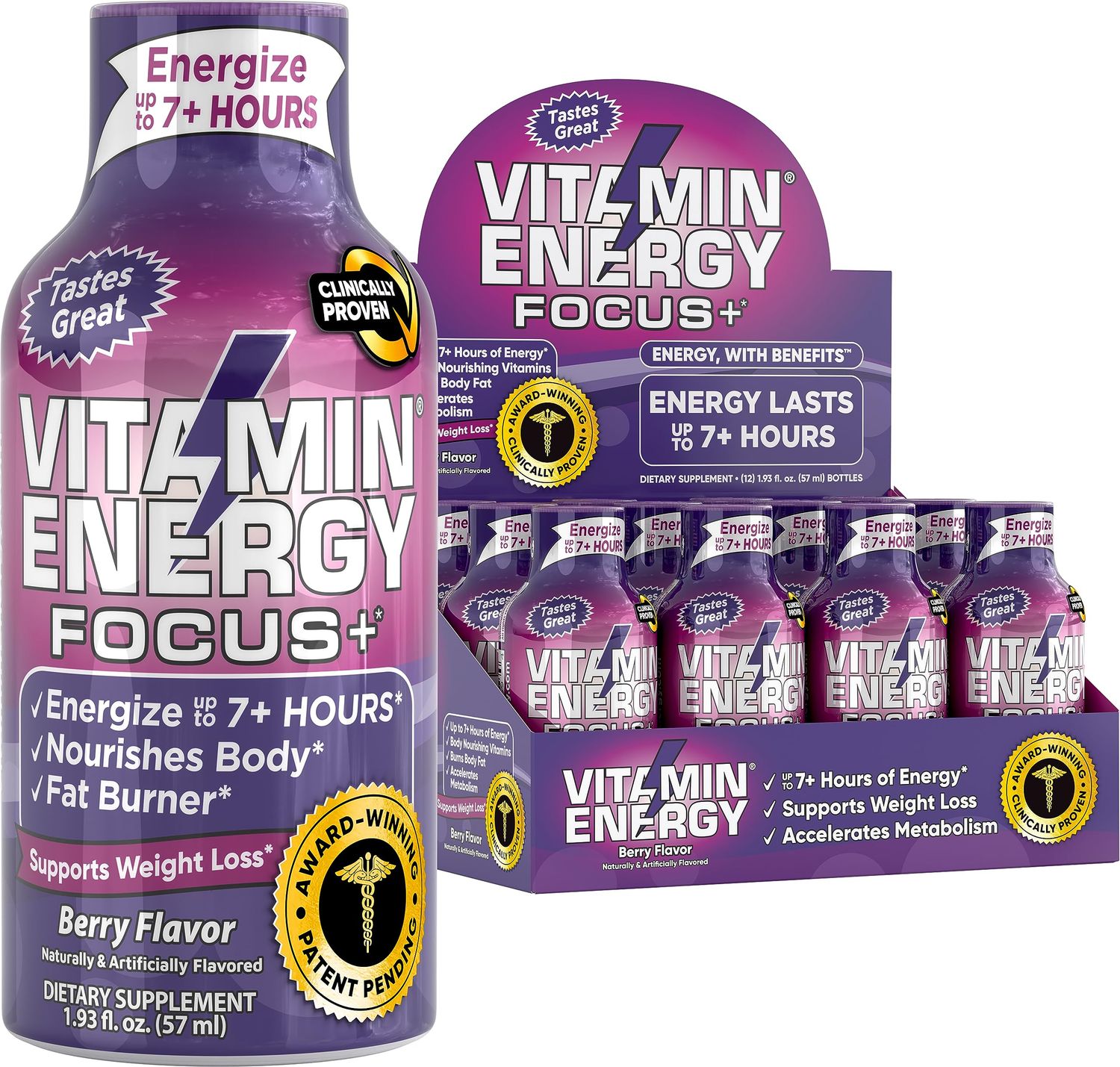 Vitamin Energy Focus+ Energy Drink Shot, Up to 7+ Hours of Energy, Berry, 1.93oz, 12 Count
