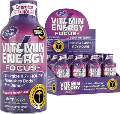 Vitamin Energy Focus+ Energy Drink Shot, Up to 7+ Hours of Energy, Berry, 1.93oz, 12 Count