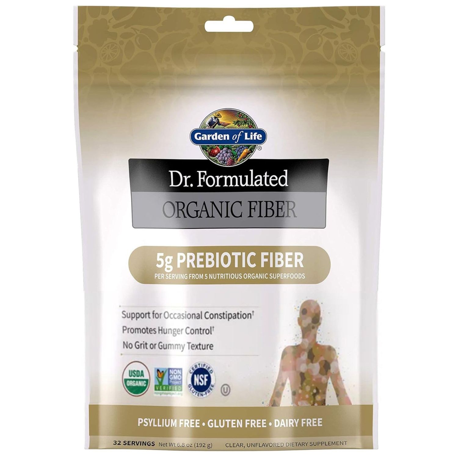 Garden of Life Dr Formulated Organic Fiber Supplement Powder Unflavored, Sugar Free, Psyllium Free Prebiotic Superfoods, Constipation Relief and Hunger Control for Men and Women, 32 Servings