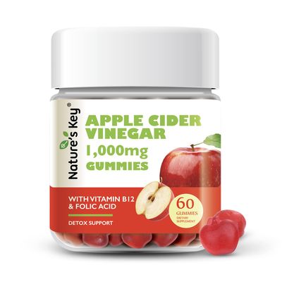 Nature&#39;s Key Apple Cider Vinegar Gummies -1000mg 60 Count, for Weight Loss, Digestion, Natural Detox &amp; Cleanse | Vegan, Non-GMO, Gluten Free| with Folic Acid Vitamin B6 B12 Beetroot Pomegranate
