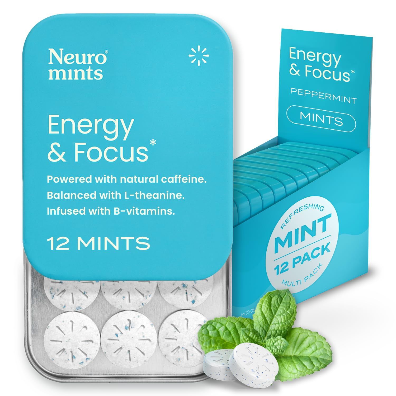 NeuroGum Energy Caffeine Mints (144 Pieces) - Sugar Free with L-theanine + Natural Caffeine + Vitamin B12 &amp; B6 - Nootropic Energy &amp; Focus Supplement for Women &amp; Men - Keto &amp; Vegan, Peppermint Flavor