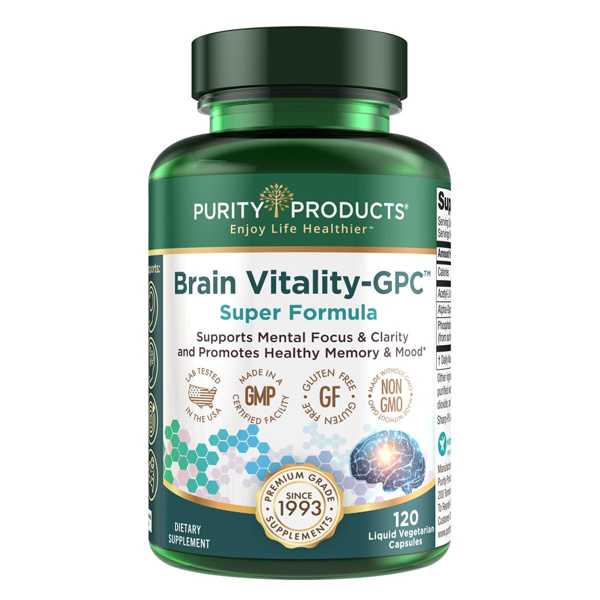 Purity Products Brain Vitality-GPC Super Formula Acetyl L-Carnitine HCI + Alpha GPC + Phosphatidlyserine - Supports Normal Concentration and Mental Clarity - 120 Caps