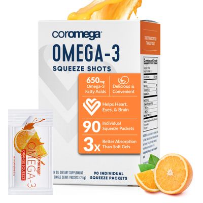 Coromega Omega 3 Fish Oil Supplement, 650mg of Omega-3s with 3X Better Absorption Than Softgels, Orange Flavor, 90 Single Serve Squeeze Packets