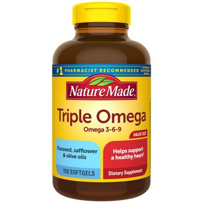 Nature Made Triple Omega 3 6 9, Flaxseed, Safflower, &amp; Olive Oils, Healthy Heart Support, Fish Free Omega 3 Supplement, 150 Softgels, 75 Day Supply