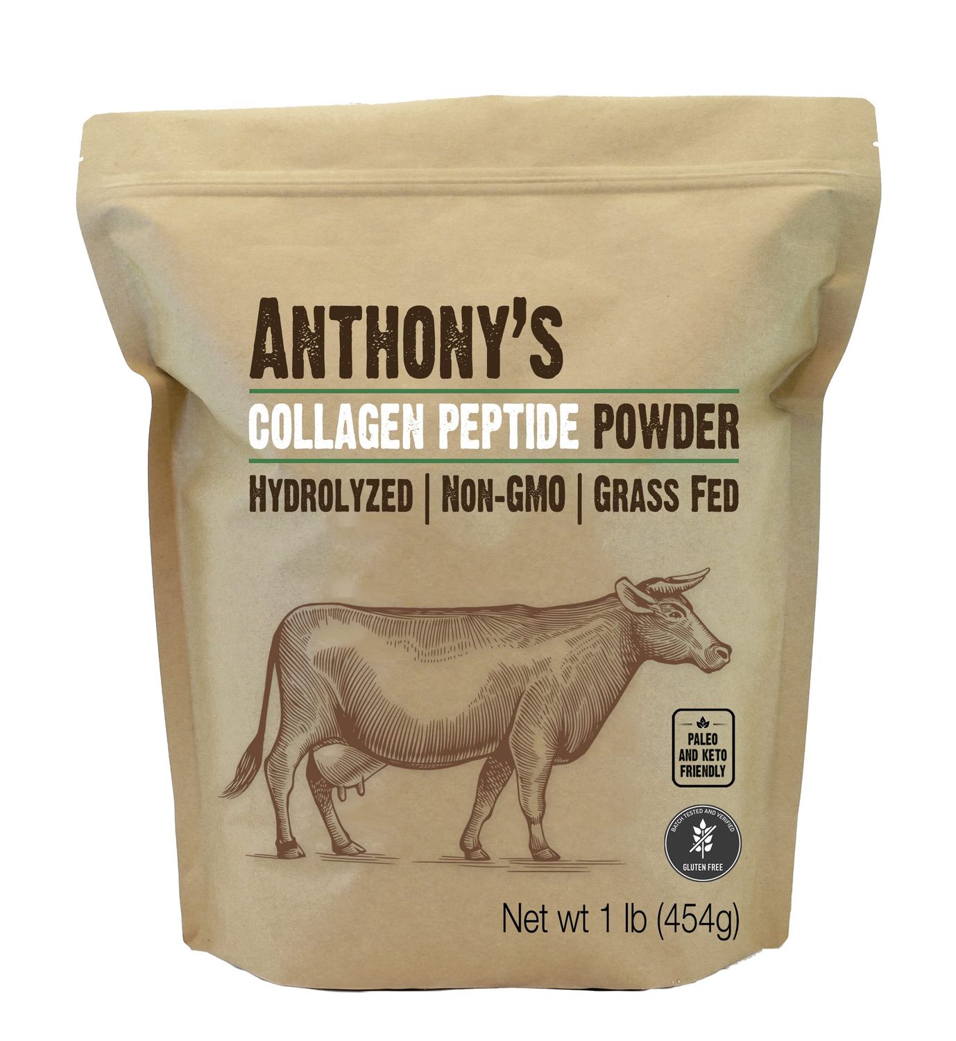 Anthony&#39;s Collagen Peptide Powder, 1 lb, Pure Hydrolyzed, Gluten Free, Keto and Paleo Friendly, Grass Fed, Unflavored, Non GMO