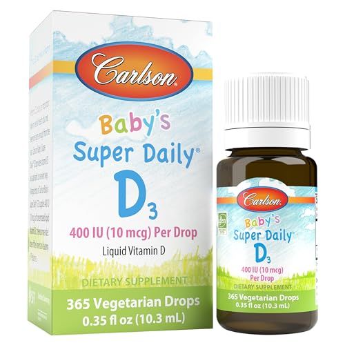 Carlson - Baby&#39;s Super Daily D3, Baby Vitamin D Drops, 400 IU (10 mcg) per Drop, 1-Year Supply, Vegetarian, Liquid Vitamin D for Infants and Toddlers, Unflavored, 365 Drops