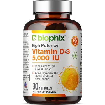 biophix Vitamin D3 5000 IU Softgels 30 Count (125mcg) - Vitamin D-3 High-Potency in Extra Virgin Olive Oil Non-GMO Soy Free for Men and Women - VIT 3D Supplement Supports Strong Bones &amp; Immune Health