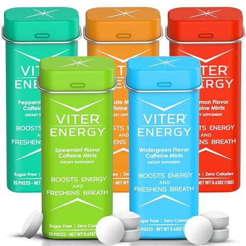 Viter Energy 40mg Caffeine Mints, Sugar Free, B Vitamins, Vegan, Energy &amp; Focus Nootropic Supplement (Variety Flavors, 20pcs, 5 Pack, 100pcs Total)