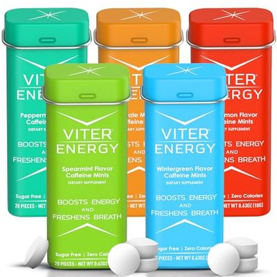 Viter Energy 40mg Caffeine Mints, Sugar Free, B Vitamins, Vegan, Energy &amp; Focus Nootropic Supplement (Variety Flavors, 20pcs, 5 Pack, 100pcs Total)