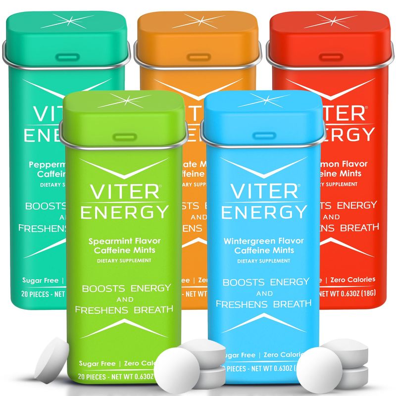 Viter Energy 40mg Caffeine Mints, Sugar Free, B Vitamins, Vegan, Energy &amp; Focus Nootropic Supplement (Variety Flavors, 20pcs, 5 Pack, 100pcs Total)