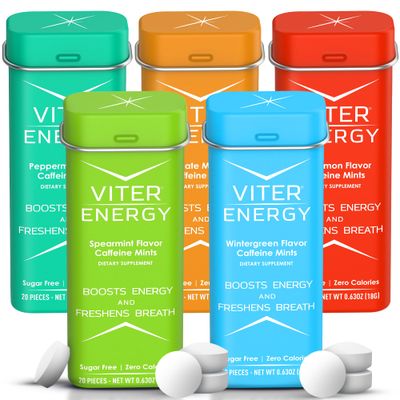 Viter Energy 40mg Caffeine Mints, Sugar Free, B Vitamins, Vegan, Energy & Focus Nootropic Supplement (Variety Flavors, 20pcs, 5 Pack, 100pcs Total)