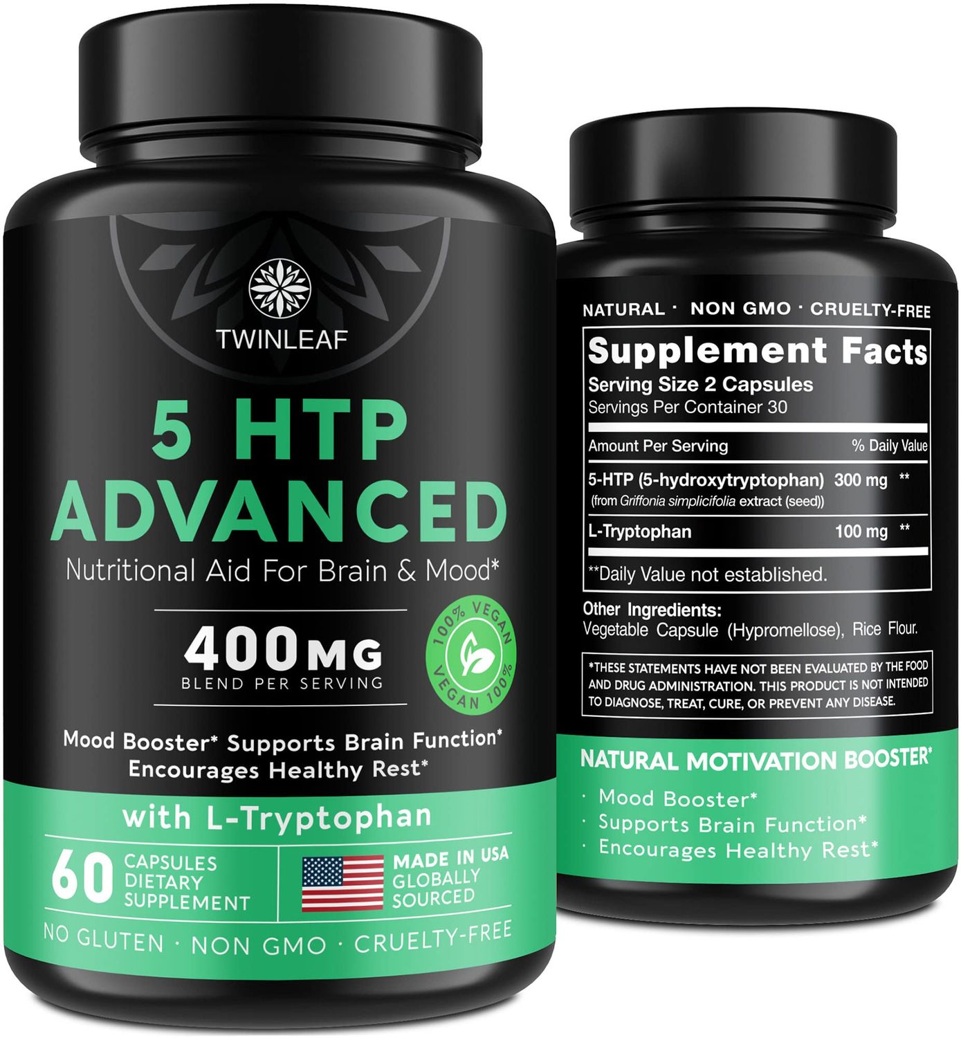 TWINLEAF 5 HTP Supplement for Mood Support - Made in USA - Natural 5-HTP &amp; L-tryptophan Capsules - 5-HTP Booster for Men &amp; Women - Proprietary Formula for Mood and Relaxation - 60 Vegan Capsules