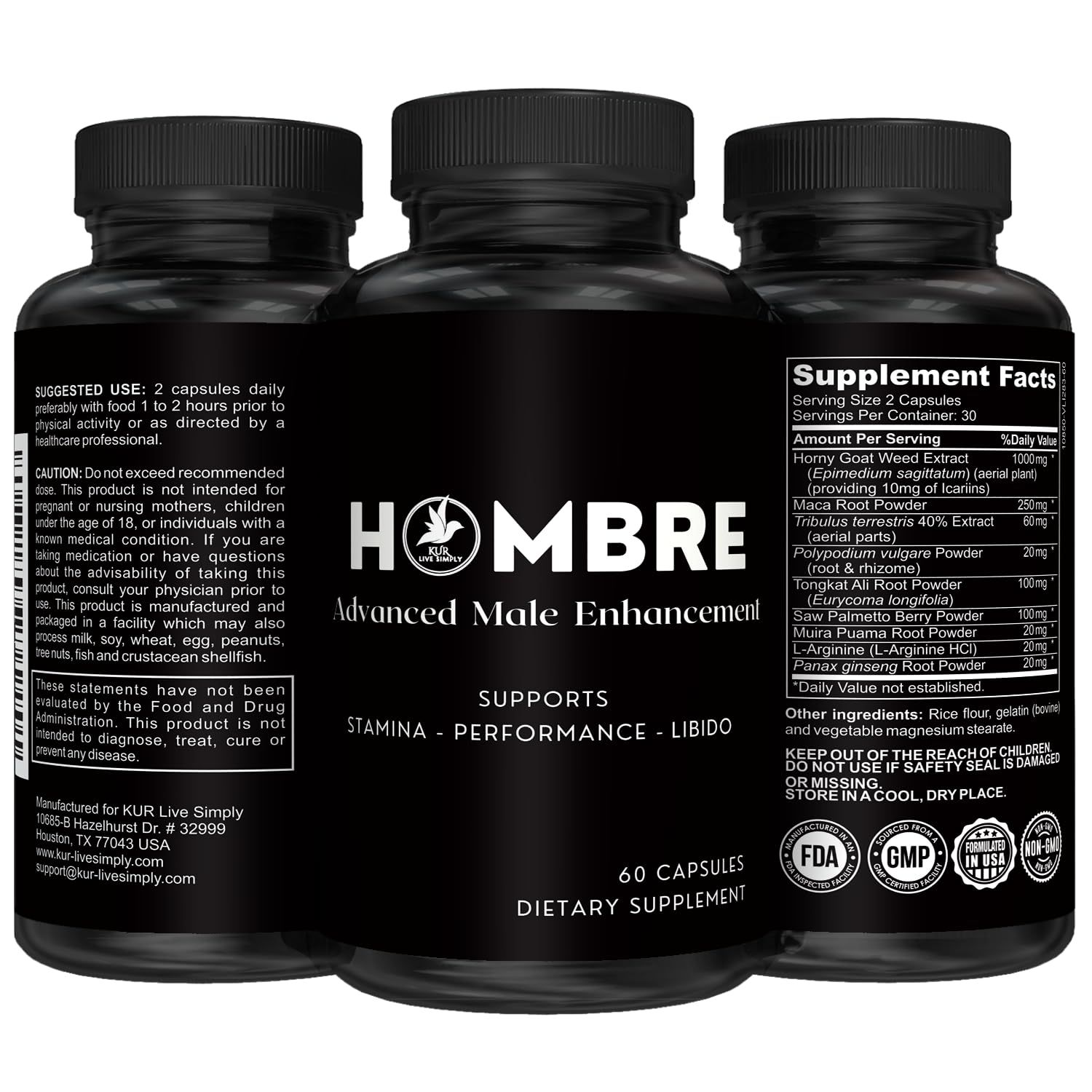 Hombre Male Enhancing Supplement - Add 2 in 60 Days With Our Enlargement Pills for Men Muscle Growth - Increase Size, Strength, Stamina - Endurance, Performance, Energy Booster - 60 Capsules