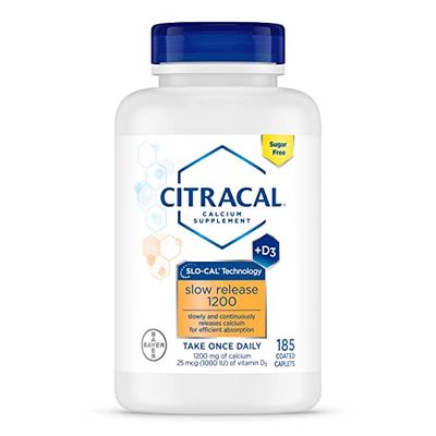 Citracal Slow Release 1200, 1200 mg Calcium Citrate and Calcium Carbonate with 25 mcg (1000 IU) Vitamin D3, Bone Health Support, Calcium Supplement for Ages 12+, Take Once Daily Caplet, 185 Count