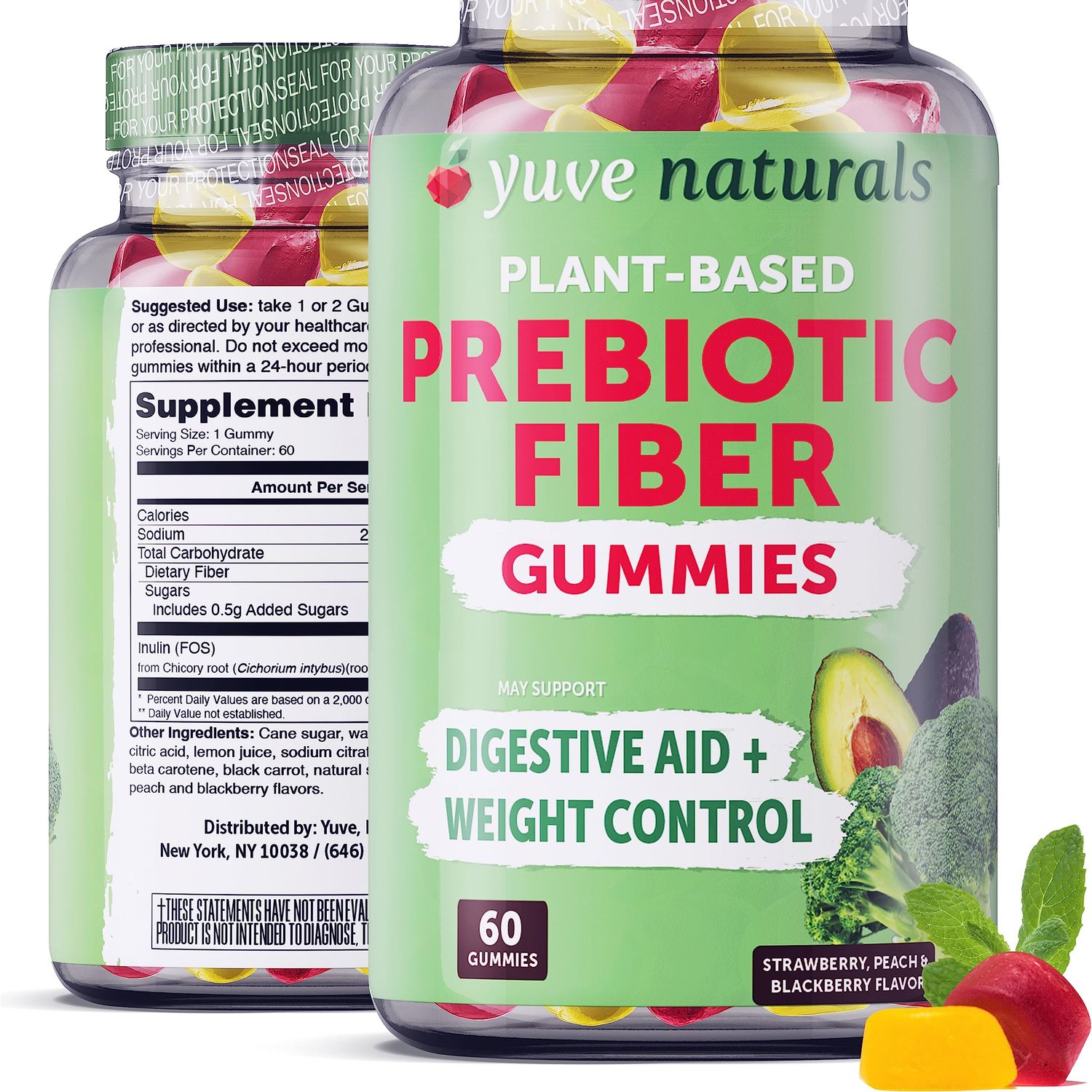 Yuve Prebiotic Fiber Gummies - Delicious - 3g Soluble Fiber Supplement - Supports Digestive Health &amp; Regularity - Vegan &amp; Gluten-Free Fiber Gummies for Adults &amp; Kids - Non-GMO &amp; Low Sugar - 60 Count