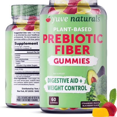 Yuve Prebiotic Fiber Gummies - Delicious - 3g Soluble Fiber Supplement - Supports Digestive Health &amp; Regularity - Vegan &amp; Gluten-Free Fiber Gummies for Adults &amp; Kids - Non-GMO &amp; Low Sugar - 60 Count
